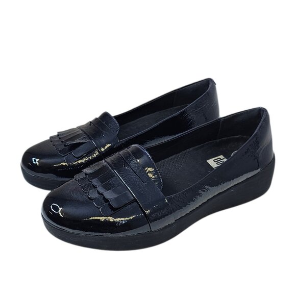 Fit Flop Womens Sneaker Loafer Fringey Patent Leather Shoes, Black, Size 7 - Picture 1 of 8